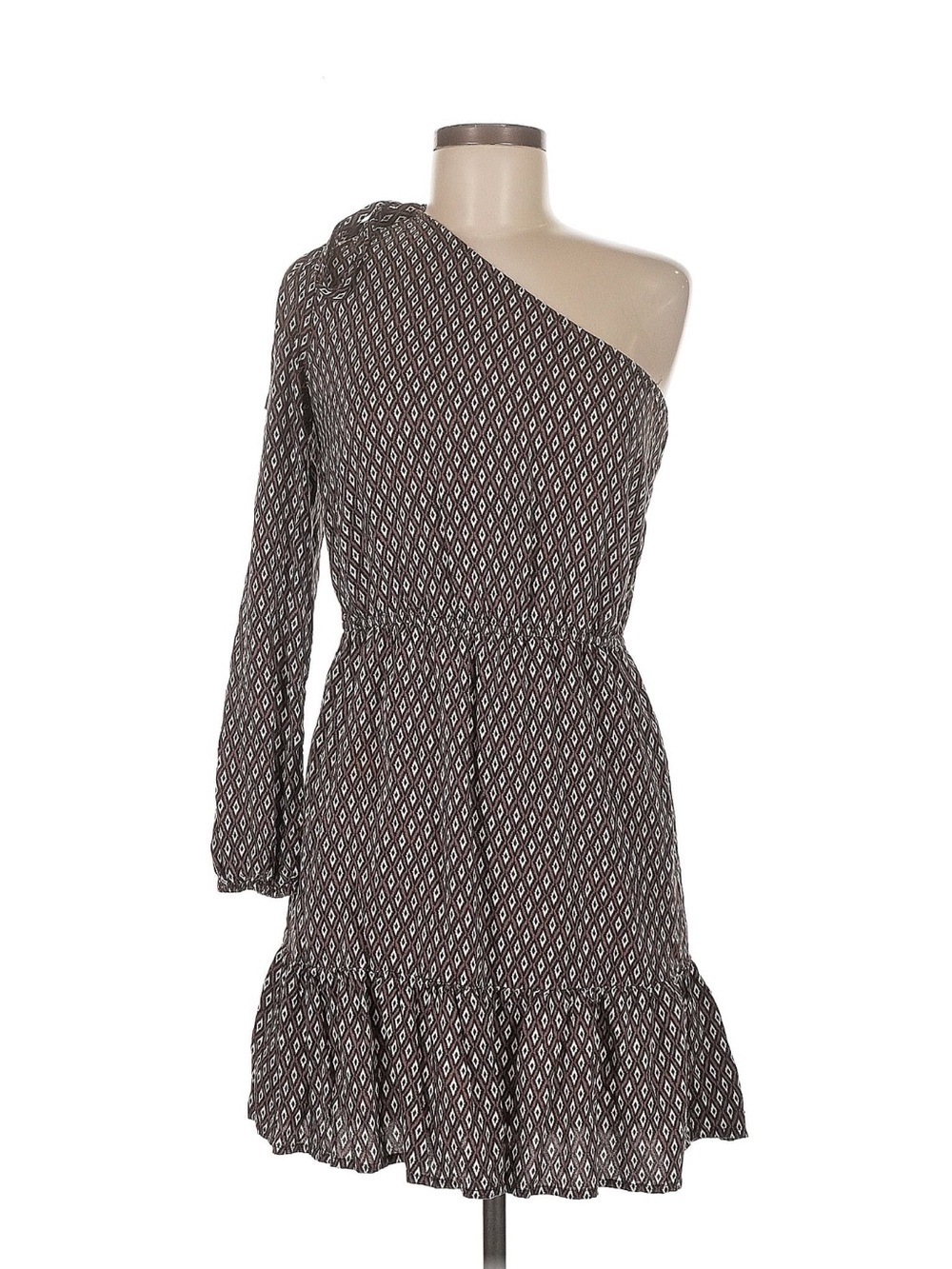 Mango One Shoulder Geometric Print Mini Dress | Brown Ruffle Hem | Size Medium